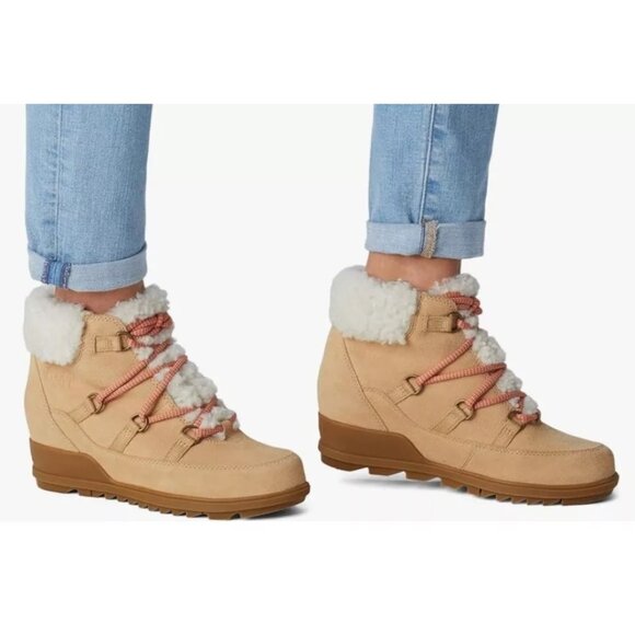 Sorel Womens Size 8 Evie Cozy Lace-Up Wedge Tawny Buff Suede Waterproof Boots - Picture 4 of 13